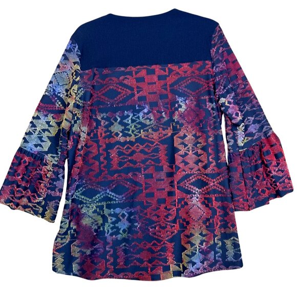 Calessa Black Textured Rainbow Embroidered Boho Bell Sleeve Top Size M Peasant - Picture 2 of 8